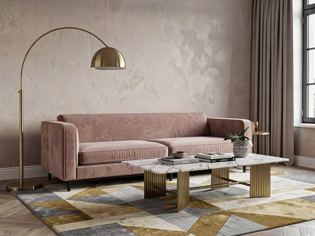 Modern Art Deco living room with dusty pink velvet sofa and simplified geometric patterns