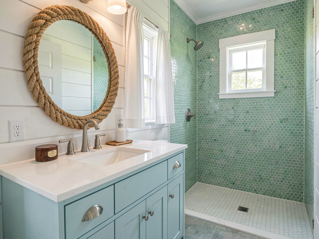 A coastal bathroom with white shiplap walls, a light blue vanity, woven rope mirror frame, seafoam glass tile in the shower, and white penny tile floor