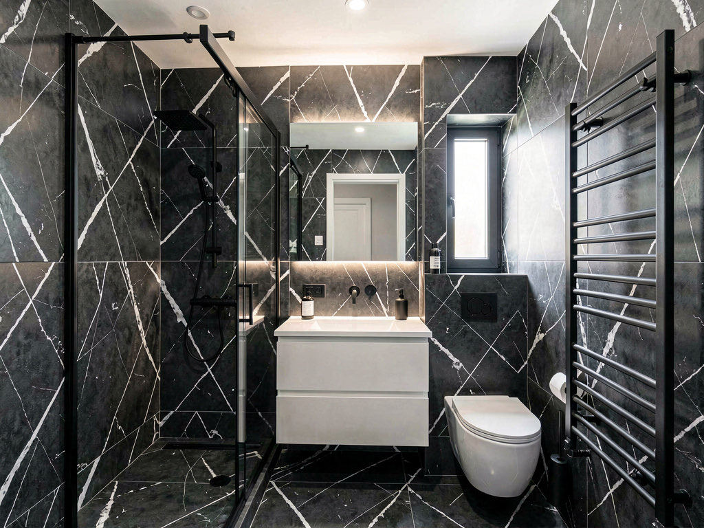 A modern bathroom with black and white marble-look tile, matte black fixtures, a black-framed glass shower, white floating vanity, backlit mirror, and heated towel rack
