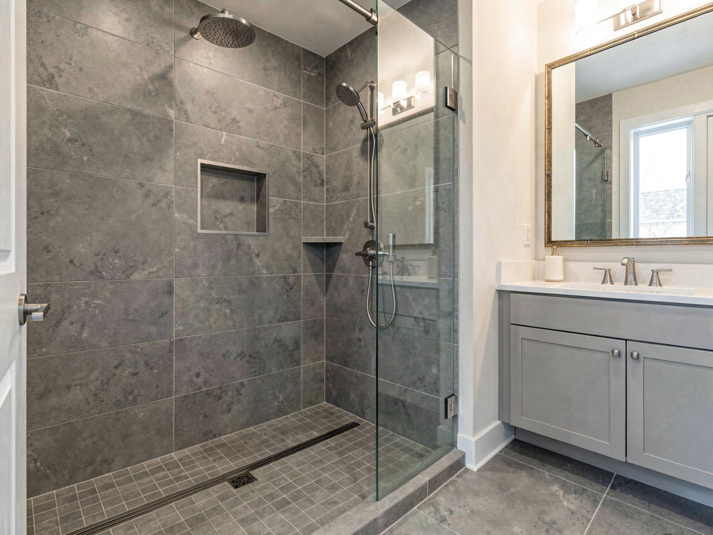 A bathroom where the old tub has been replaced with a modern curbless walk-in shower with large format gray tile, a rain showerhead, built-in niche, and glass panel door