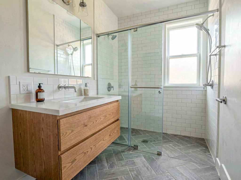 A bathroom with a new floating oak vanity, white quartz countertop, white subway tile walls, gray herringbone floor tile, and a frameless glass shower door