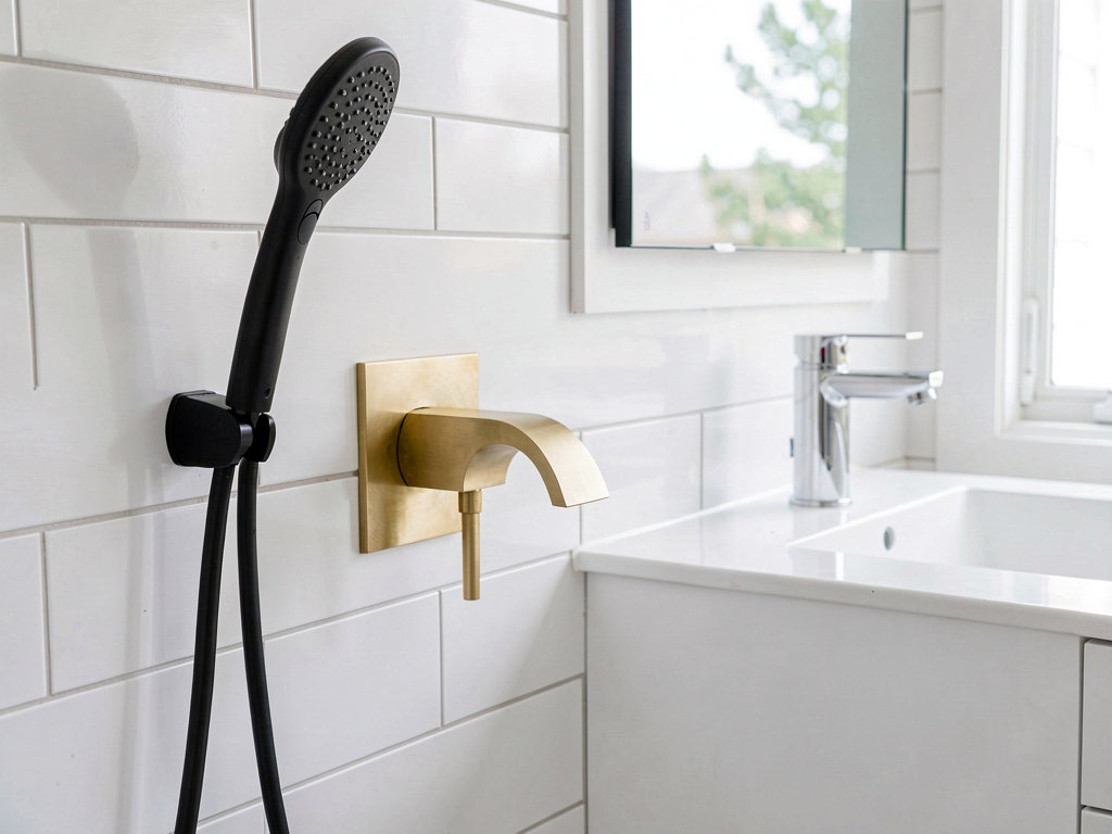 Modern bathroom fixtures for a bathroom remodel cost including showerheads and faucets