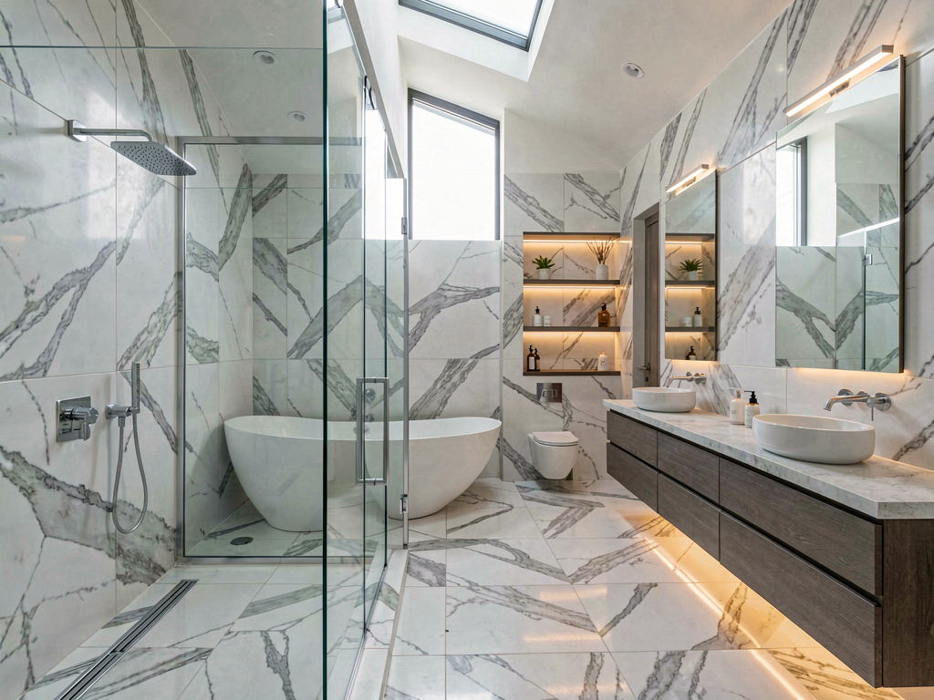 Luxury full gut bathroom remodel cost with marble tile and freestanding tub