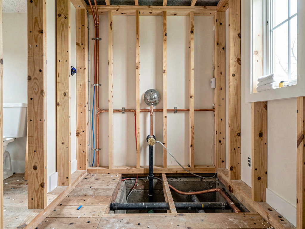 Bathroom remodel cost hidden expenses showing plumbing rough-in during renovation