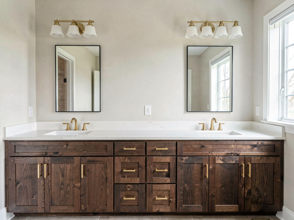 A large bathroom with a 72-inch dark walnut double vanity, two undermount sinks, white quartz top, matching mirrors, and brushed gold hardware