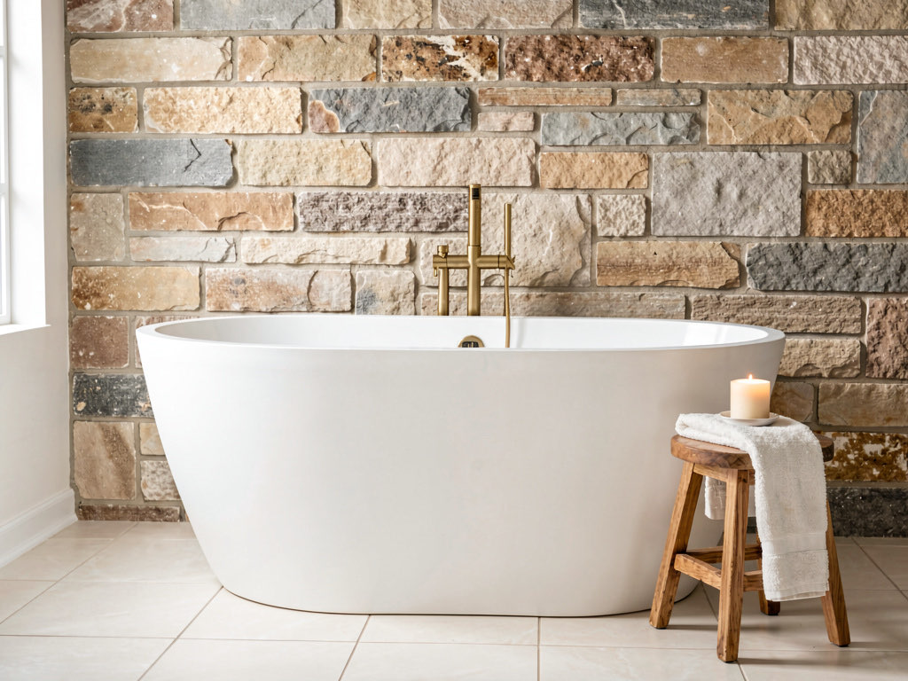 A freestanding white soaking tub in front of a natural stone accent wall, with a brass floor-mounted tub filler, a wooden stool with a candle, and soft natural light