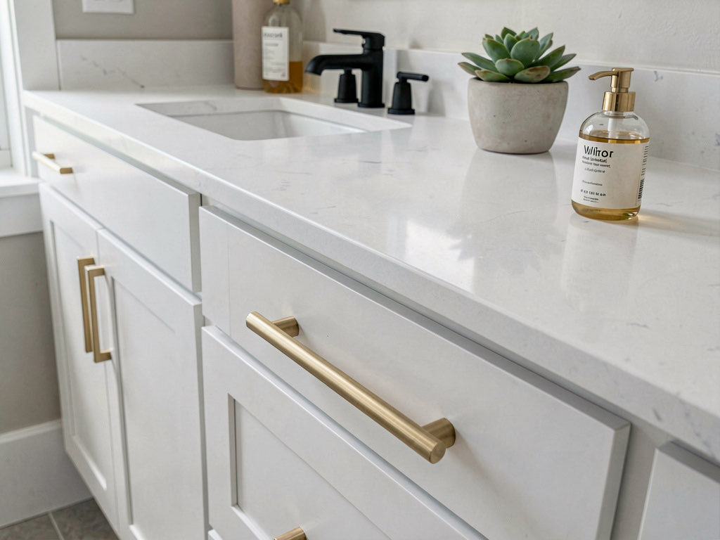 Close-up of a bathroom vanity with new brushed gold drawer pulls, a matte black faucet, white quartz countertop, and coordinated accessories