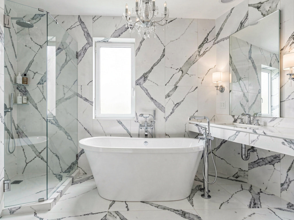A luxury bathroom entirely clad in white Calacatta marble, freestanding tub, polished chrome fixtures, crystal chandelier, and floor-to-ceiling mirror