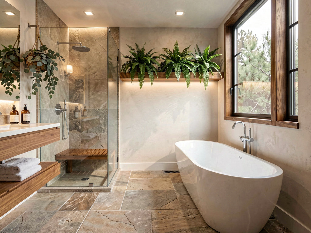 A spa bathroom with heated stone floor, teak shower bench, freestanding tub near a window, floating teak vanity, live ferns, and recessed lighting