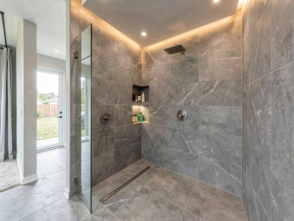 A modern curbless walk-in shower with large format gray tile, linear drain, frameless glass panel, rain showerhead, and recessed lighting