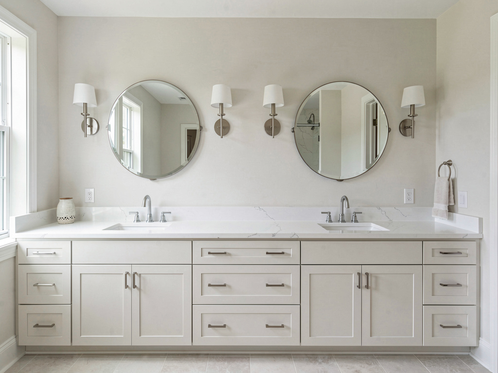 Large bathroom with double vanity, two sinks, shared countertop and individual mirrors