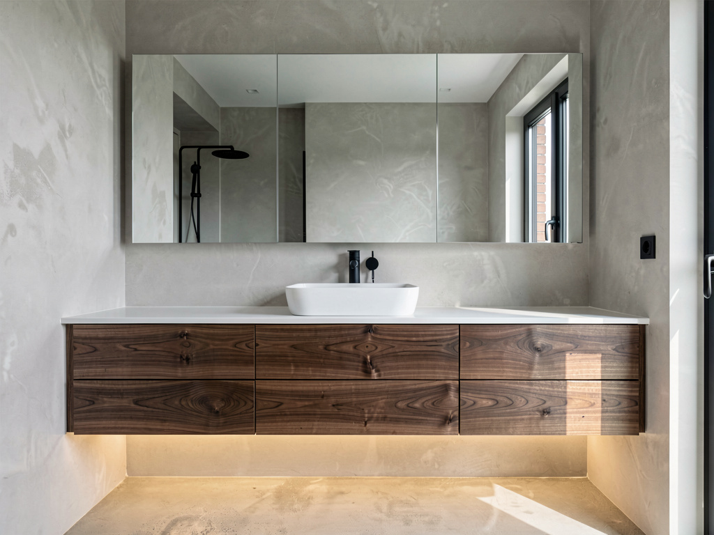 Bathroom with wall-mounted floating walnut vanity, vessel sink, and large rectangular mirror