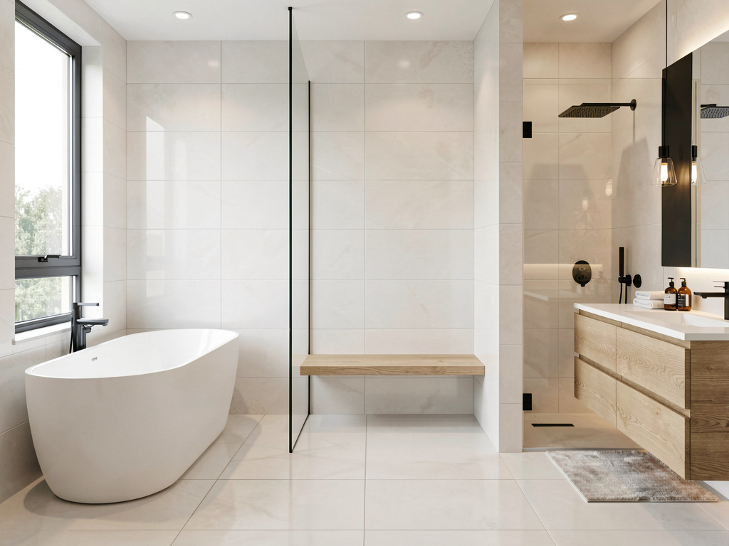 Completely renovated modern bathroom with new layout, new fixtures, and floor-to-ceiling tile