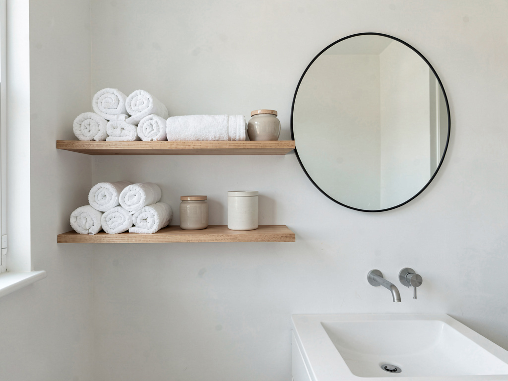 Minimalist bathroom with open wooden shelving, white walls, simple fixtures and rolled towels