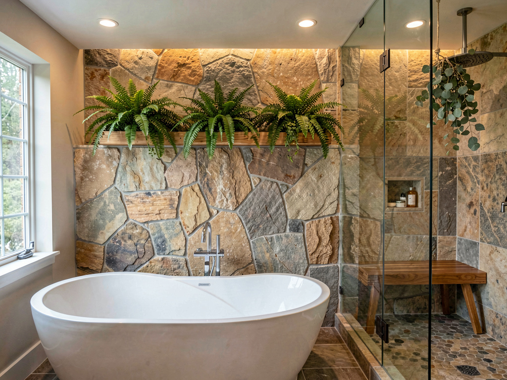 Spa-inspired bathroom with soaking tub, natural stone walls, teak bench and live plants