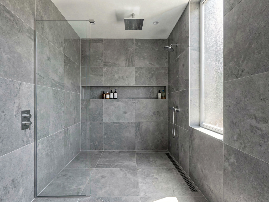 Modern walk-in shower with frameless glass, large format gray porcelain tile and rain showerhead