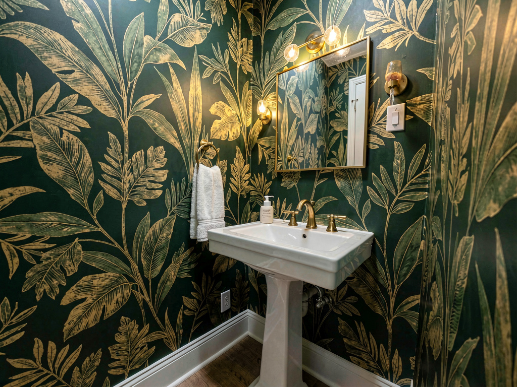 Powder room with bold botanical wallpaper, pedestal sink and brass fixtures