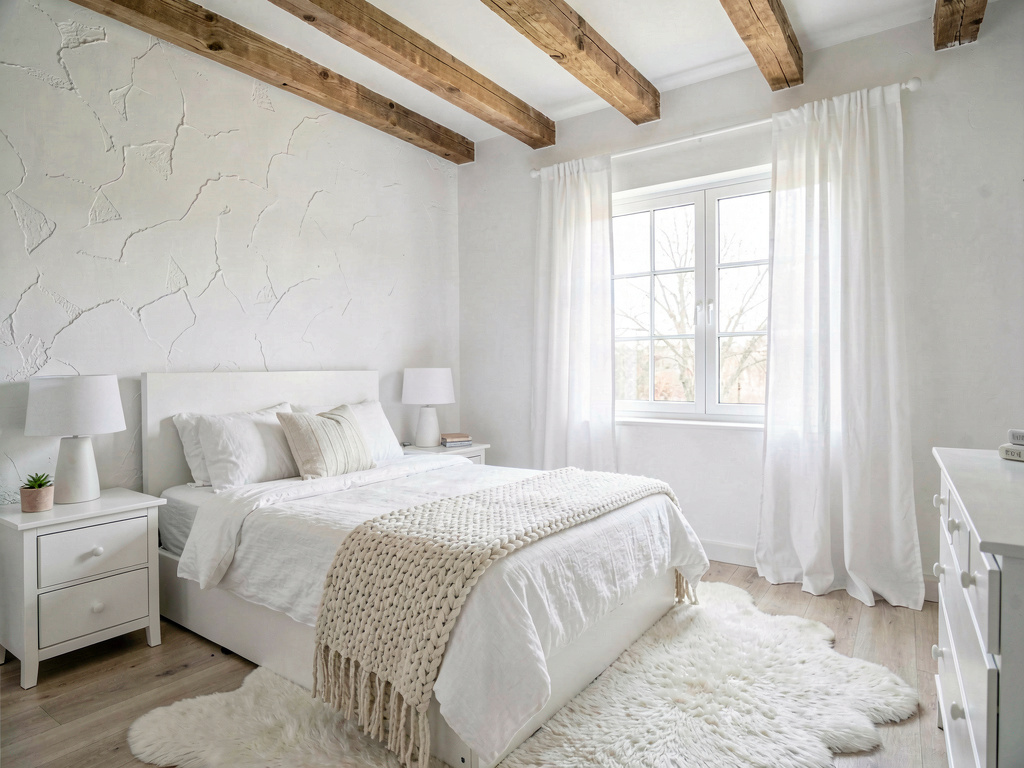 Bedroom color ideas all-white bedroom with texture variation from knit throws and linen and wood beams