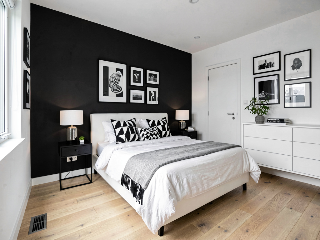 Bedroom color ideas black accent wall behind bed with white walls and geometric pillows