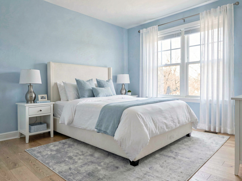 Bedroom color ideas soft powder blue walls with white bedding and silver accents