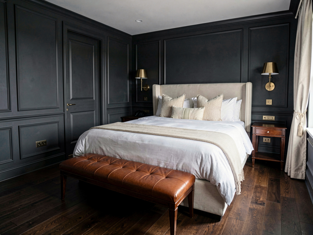 Bedroom color ideas deep charcoal gray walls with white bedding and brass sconces