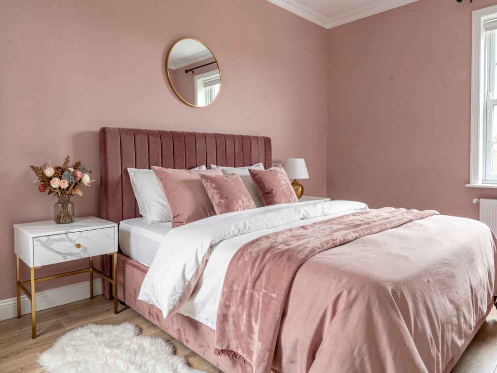 Bedroom color ideas dusty pink blush walls with rose velvet headboard and gold accents