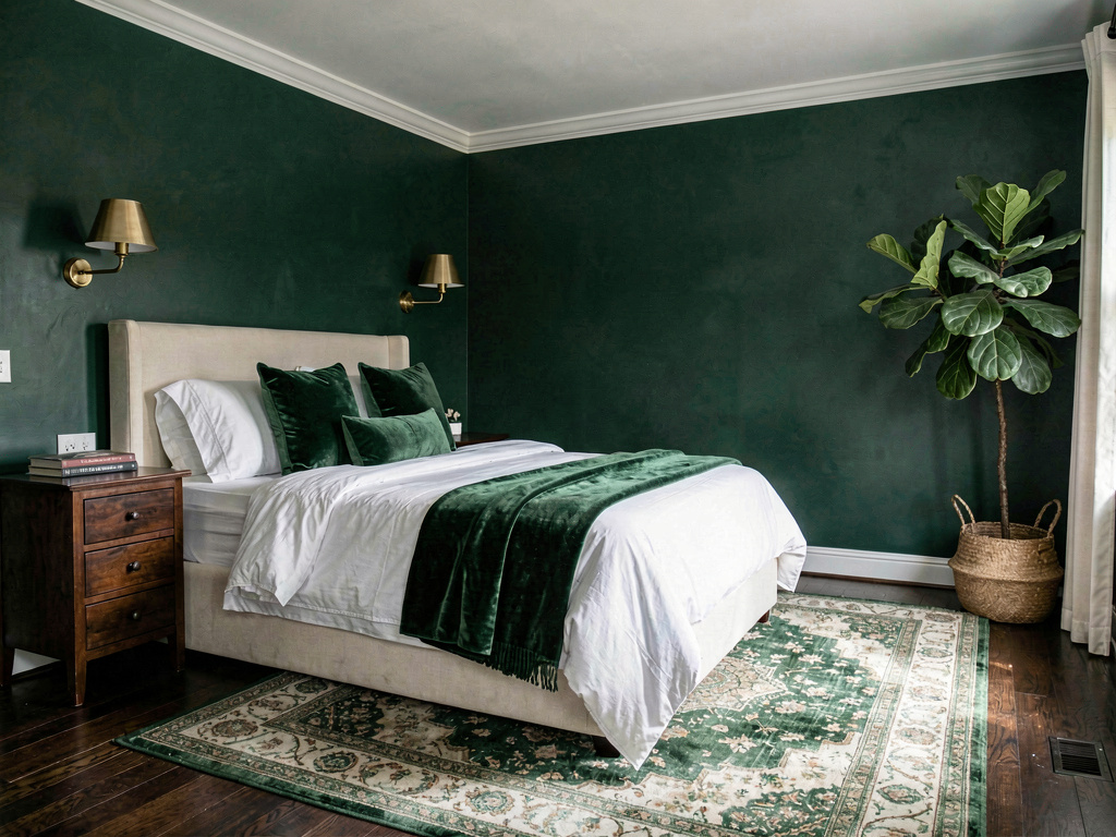 Bedroom color ideas deep forest green walls with cream bed and brass accents and fiddle leaf fig