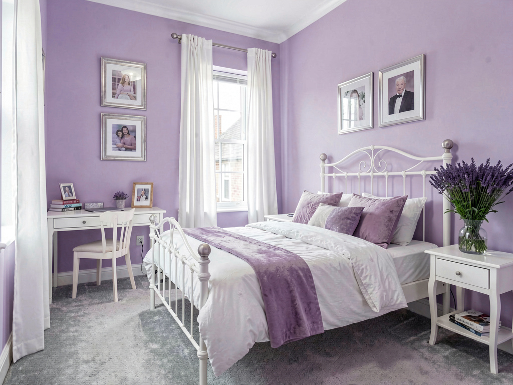 Bedroom color ideas soft lavender purple walls with white iron bed and lilac bedding