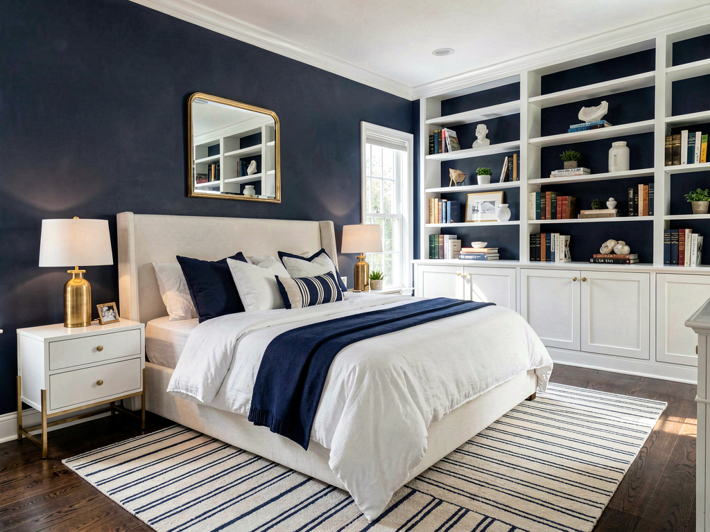 Bedroom color ideas deep navy walls with white headboard and gold nightstand lamps