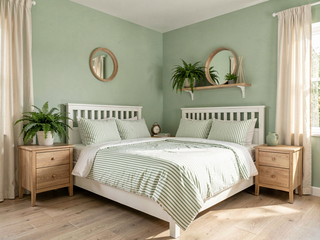 Bedroom color ideas sage green walls with white bed frame and natural wood accents