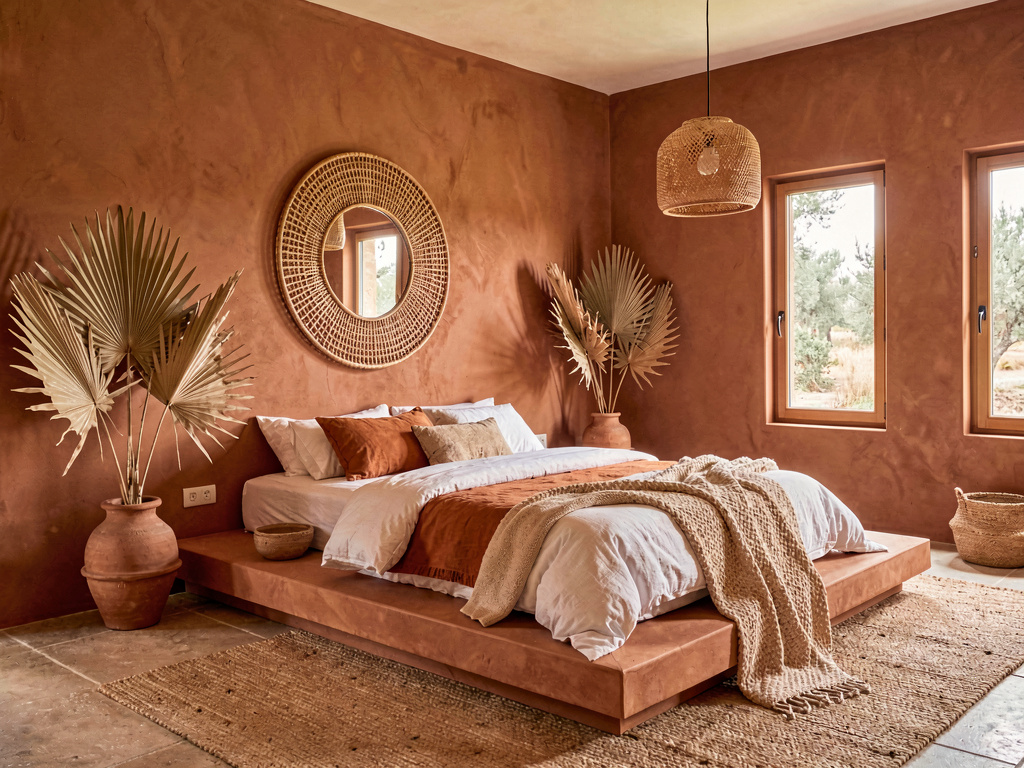 Bedroom color ideas terracotta walls with low platform bed and Mediterranean-inspired decor