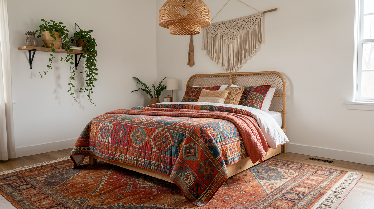 Boho bedroom with rattan bed frame, macrame wall hanging, layered textiles, and plants