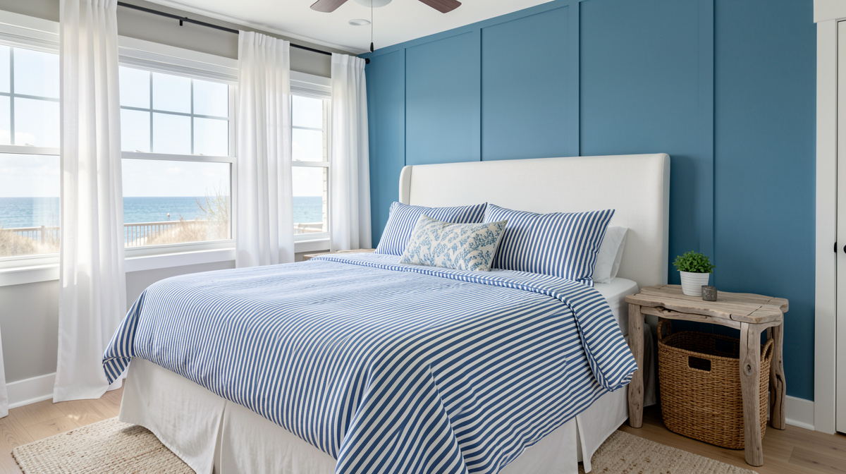 Coastal bedroom with white bedding, blue accents, natural fiber rug, and ocean-inspired artwork