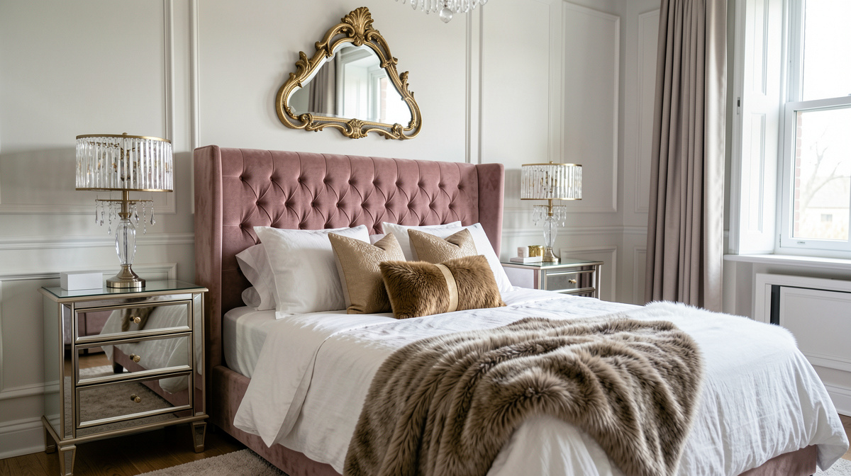 Glam bedroom with tufted velvet headboard, mirrored nightstands, crystal chandelier, and metallic accents