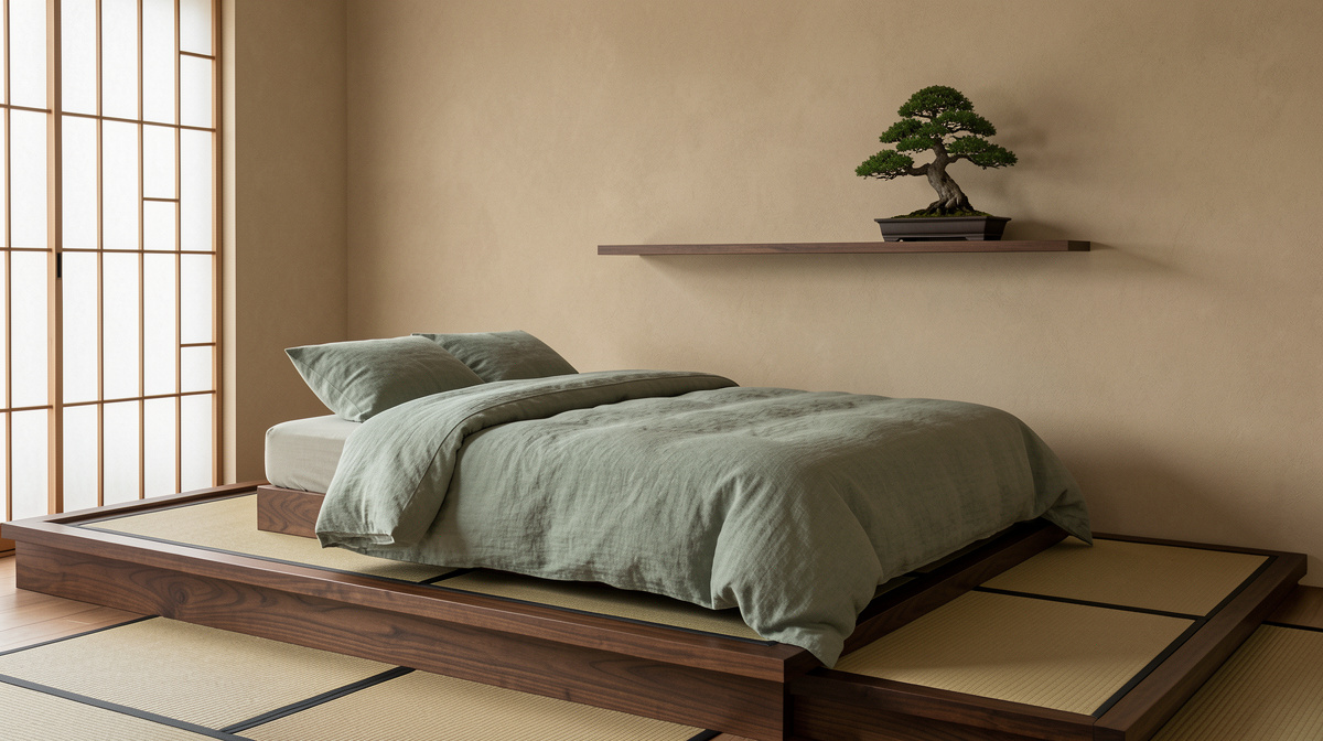 Japandi bedroom with low wooden platform bed, minimal nightstands, paper lantern, and muted earth tones