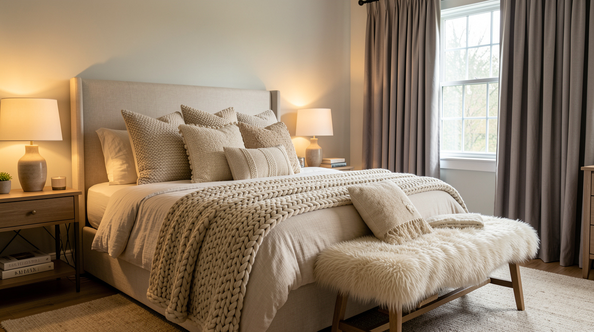 Cozy layered bedroom with upholstered bed, multiple textured throws, and warm ambient lighting