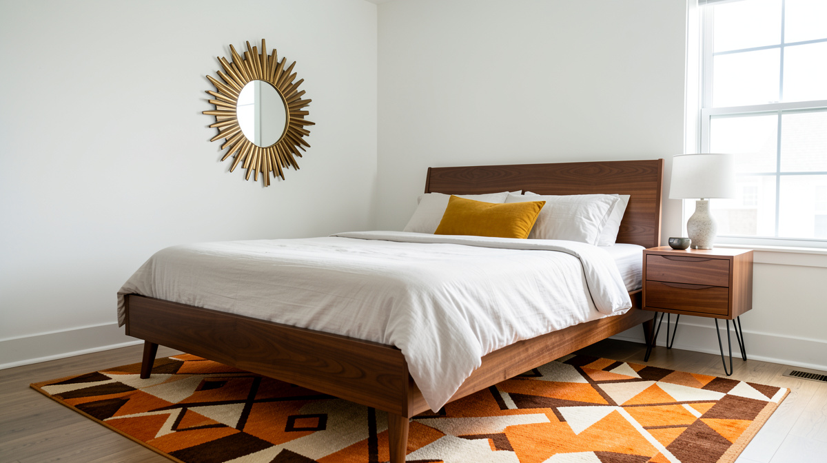 Mid-century modern bedroom with walnut bed frame, tapered legs, retro lighting, and warm orange accents