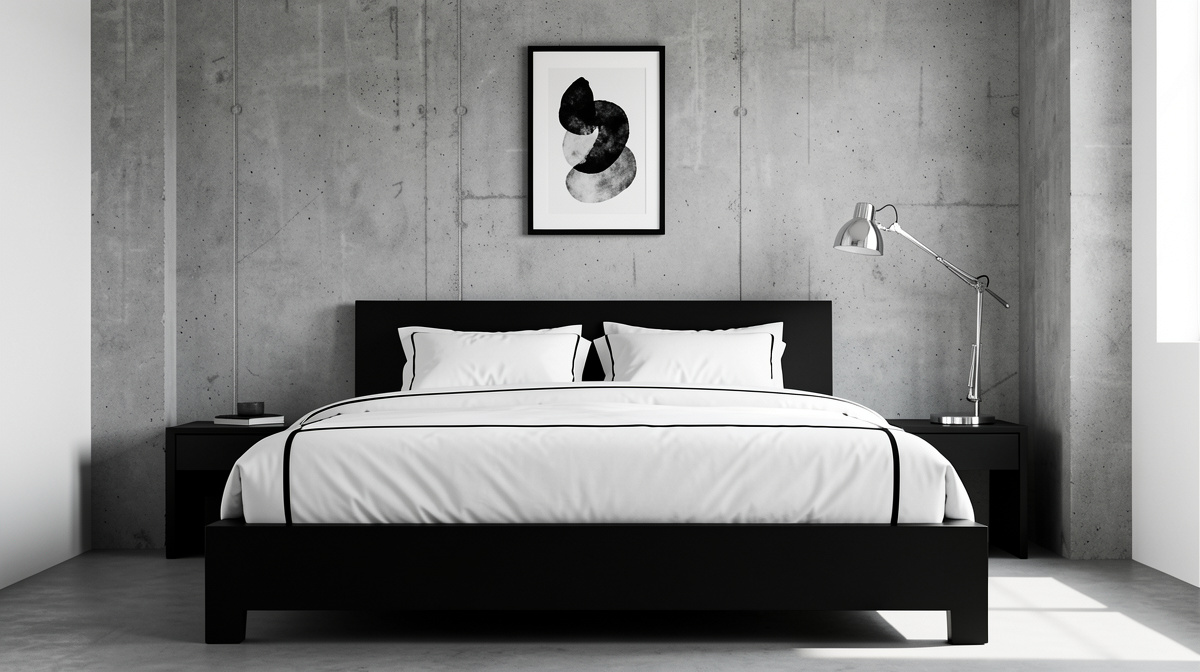 Modern monochrome bedroom in all shades of charcoal and black with a single brass accent