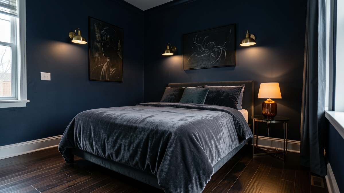 Moody bedroom with dark green walls, dark bedding, brass sconces, and velvet curtains