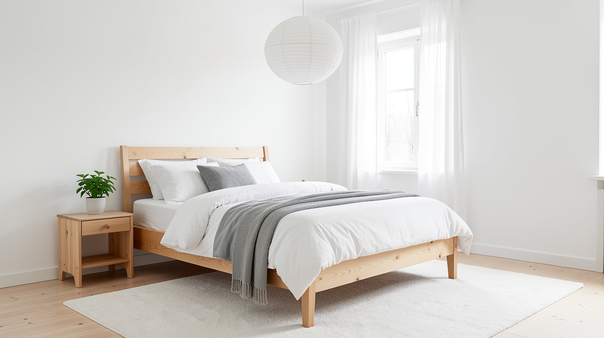 Scandinavian bedroom with light wood bed frame, white bedding, sheepskin throw, and minimal decor