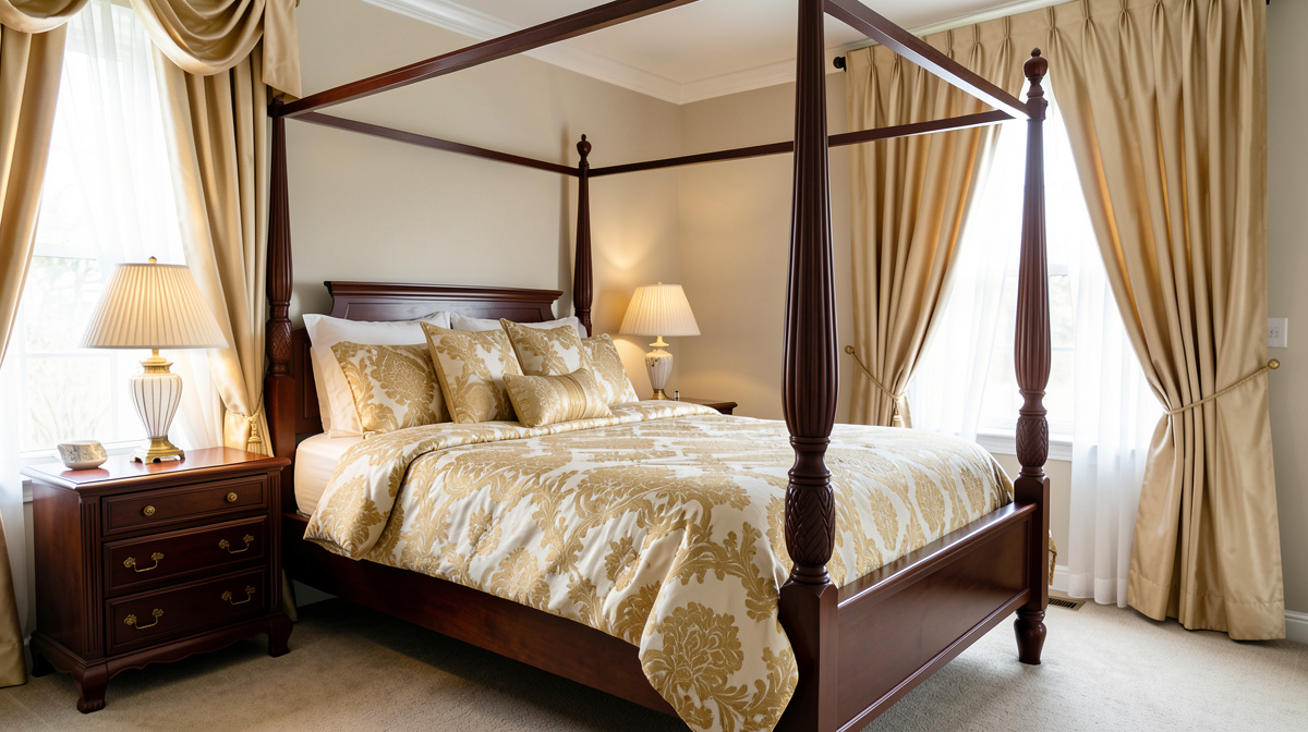 Traditional bedroom with four-poster bed, patterned bedding, heavy curtains, and antique furniture