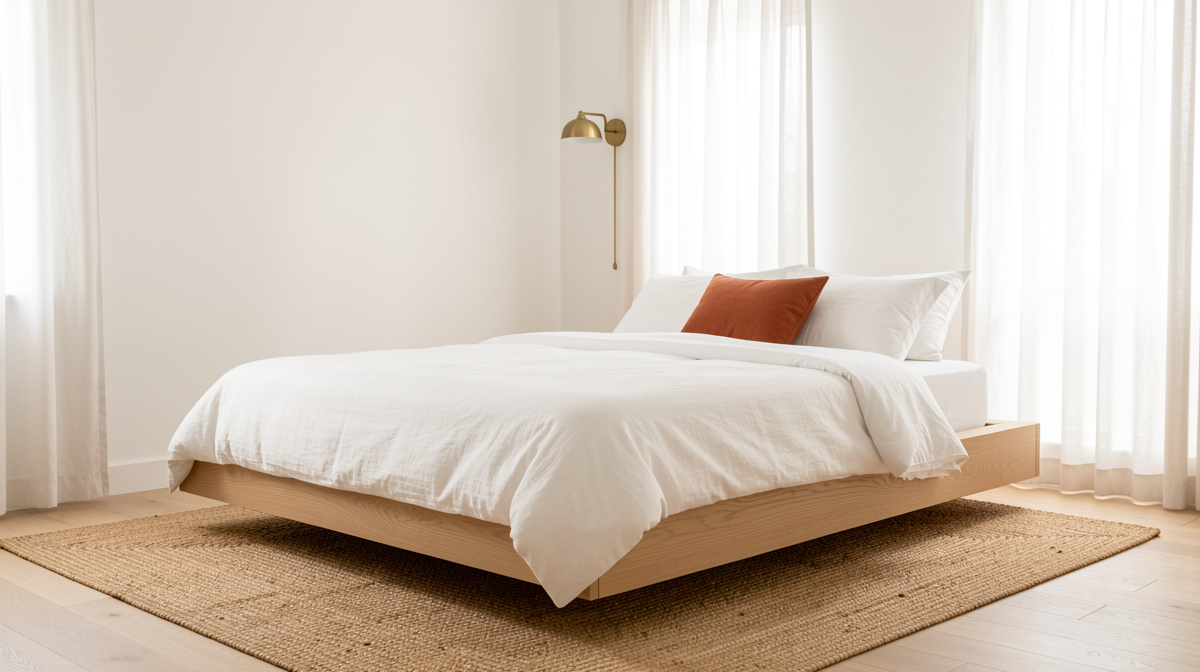 Warm minimal bedroom with platform bed, white linen bedding, and single pendant light