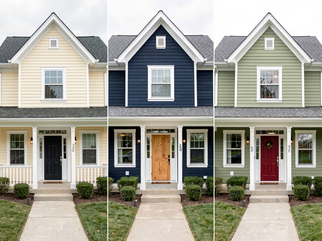 Same craftsman home rendered in three different Behr-style exterior color schemes