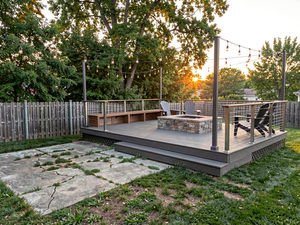 A backyard deck preview showing a new composite deck with cable railings, fire pit, and string lights