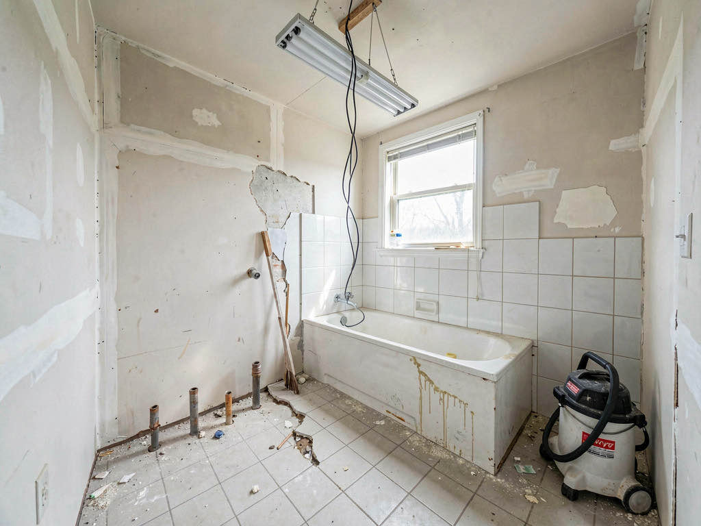 A bathroom mid-demolition with old vanity removed and floor tile partially chipped out