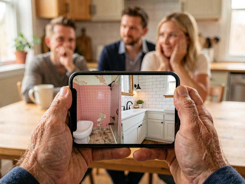 A contractor showing a client an AI-generated before-and-after renovation preview on a smartphone