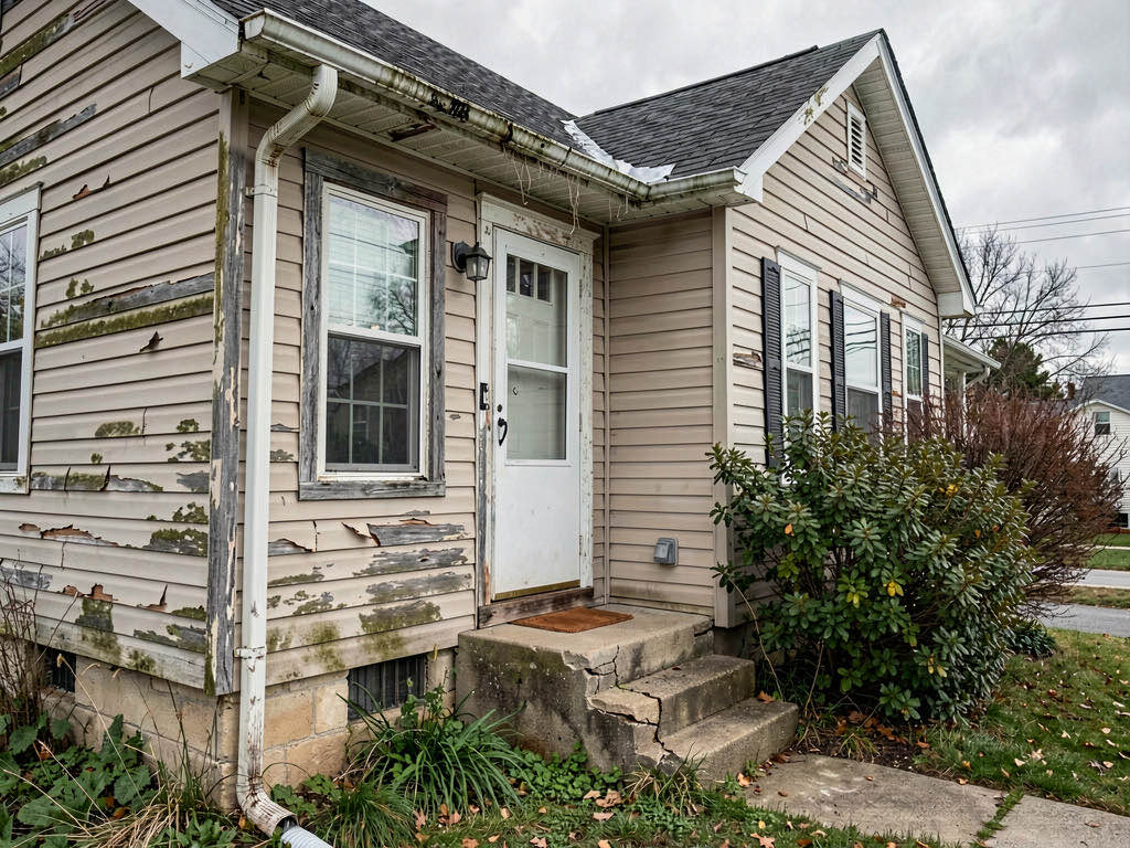 A house exterior with damaged siding and old gutters, typical contractor bid opportunity