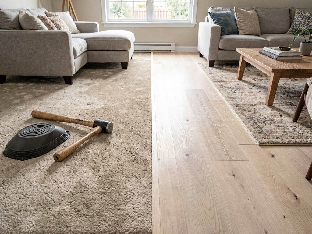 A living room showing a flooring comparison with old carpet transitioning to new white oak hardwood