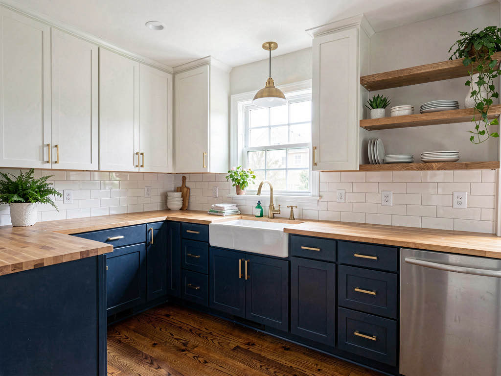 A beautifully renovated kitchen with navy blue lower cabinets, butcher block countertops, and farmhouse sink