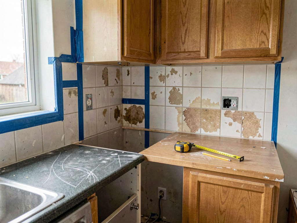 A kitchen ready for renovation with cabinets partially removed and blue painter's tape on the walls